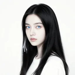 a portrait of a girl with long black hair and heterochromatic eyes with a white color scheme. By Geoffroy Thoorens and JC Leyendecker.