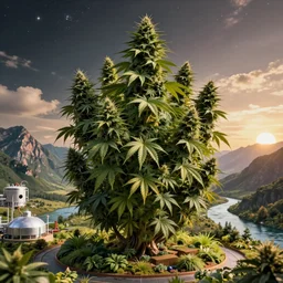 realistic massive cannabis trees with cannabis leaves, mountains, river, landscape, hadron antimatter vacuum reactor laboratory, photo, concept art, universe in the sky, cinematic lighting, 4k, wide angle, warm tones, Earth,