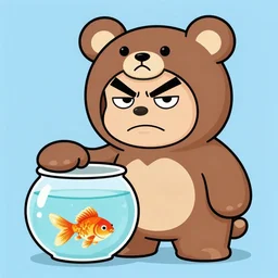 a grumpy human man wearing a bear costume, holding a fish bowl with a goldfish inside it, cartoon illustration in the style of bill watterson
