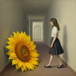 a painting of a girl walking in a hallway and suddenly finds a giant sunflower on the floor blocking her way, surreal painting by rene magritte, detailed digital art, artstation hd