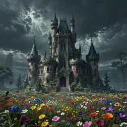 A very phantasmagoric and ominous tall castle stands in the middle of an plain covered with colorful flowers, horror, digital art, incredible details