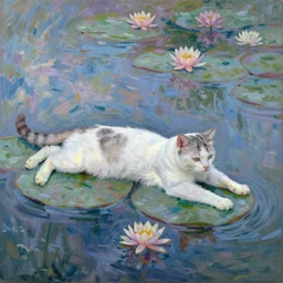 a white and grey tabby cat stretching on a lilypad floating on a lake, in the style of water lilies painting by monet