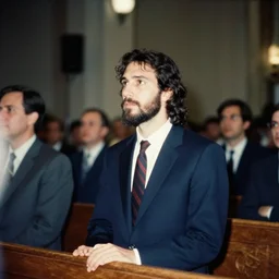 jesus dressed in a suit and tie attending a church service, 3 5 mm still, faded photo from 1 9 9 4, dynamic lighting