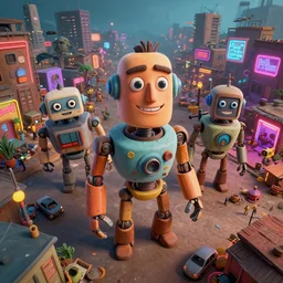 3 d vfx - caricature - art of robots in a bustling - neon lit - ajegunle slum in nigeria, unreal engine render, digital illustration, illustration style by mike winkelmann, sharp, intricate detail, volumetric light, ray tracing, soft light, colourful, surreal environment, claymation style, drone view, fish eye lens, cinestill 8 0 0 t photograph,
