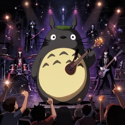totoro in a black metal band in a concert, dressed like band metal marduk, mayhem, burzum, immortal, a crowd cheering, a drummer, electric guitar, sparkles all around, fantasy digital art, wow, stunning, ghibli style, hight quality