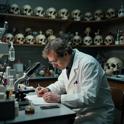 mad scientist hunched over a table in his laboratory, surrounded by dozens of skulls on shelves in the background, all different sizes and shapes. Eerie lighting, photographic