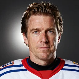 A close-up, colourful studio photographic portrait of Patrick Roy, dramatic backlighting, photo by Martin Schoeller
