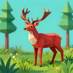 super detailed color lowpoly art, red deer in an undergrowth, unreal engine, retrowave color palette, 3 d render, lowpoly, colorful, digital art, perspective