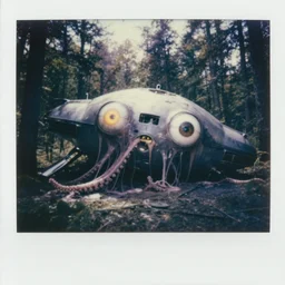 ultra wide angle a big xenobite with 4 glowing eyes with slimey tentacles at crashed spaceship in the forest backlighting, faded color polaroid, 1 9 1 0 s photography