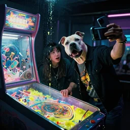 pitbull taking a selfie with a fan while trapped in a pinball machine, submerged in goo, in 1 9 8 5, y 2 k cybercore, industrial low - light photography, still from a kiyoshi kurosawa movie