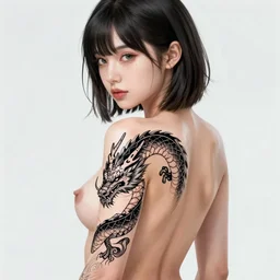 Digital anime art by WLOP and Mobius, A young woman, dragon tattoo on bare back, preparing to fight, crowd of opponents, downtown street setting, highly detailed, bright harsh lighting