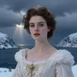 queen, norway fjord, extreme close up portrait, hudson river school, max rive, stormy seas, white royal dress, beautiful, bokeh, gentle, female, snowy, storm clouds, god rays, close up portrait, d & d, fantasy, elegant, low key color palette, concept art, roger deakins and greg rutkowski and alphonse mucha