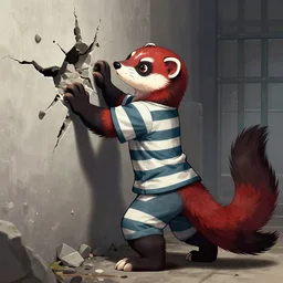 illustration of an anthropomorphic red - and - black weasel - ferret - stoat fursona ( from the furry fandom ) dressed in prisoner's regalia, scratching and chiseling on a prison cell wall creating cracks and impressions, art style : world of darkness sourcebook ( by white wolf )