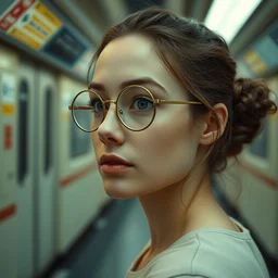 cinematic mid shot of a high detail, young woman's face looking off camera, with round glasses. fine facial features. she stands in an empty, pastel colourful 3 d, detailed subway scene with shadows by jeffrey smart and gregory crewdson and edward hopper