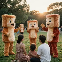 1990s candid photo of a beautiful day at the park, cinematic lighting, cinematic look, golden hour, costumed packaged food mascot people in the background, Enormous personified packaged food mascot people with outstandingly happy faces talking to families, UHD