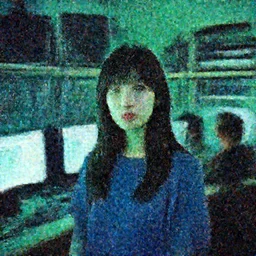 portrait of lain iwakura, bright displays, blue and green tones, background room full of cables and computers, by yoshitoshi abe, ruan jia and joao ruas, atmospheric