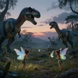 small fairies with iridescent wings in a jurassic land with dinosaurs. dark setting. just before dawn. fantasy art. trending on artstation