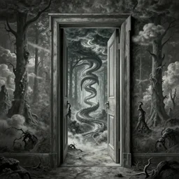 a normal doorway leading to an endless twisting inverted nightmare landscape, rhads!, strange trees and clouds, ( h. r. giger )
