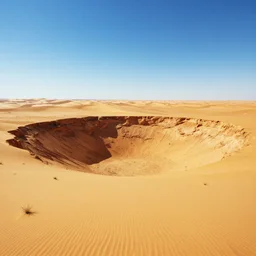 a vast desert landscape with minimal vegetation and a massive pit in the style of thomas cole, raytracing, 8 k, octane render, volumetric, vivid, beautiful, hyperrealism