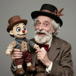hyper realistic old 1 9 8 0 photography of lunatic mad ventriloquist old man with terrific haunted puppet