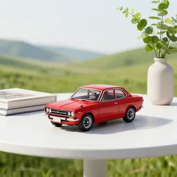 a small miniature of a red Datsun 1200 on a white table near a book and a vase with a plant, 3d render, octane render, unreal engine 5, path tracing, serene landscape, calm, relaxing, beautiful landscape, highly detailed, high quality, 4k, symmetrical, low contrast