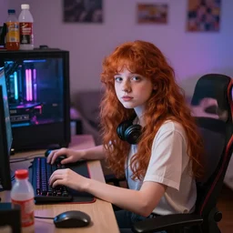 cute young redhead girl sitting at her desk in bedroom, gaming pc, messy bedroom with piss bottles, rgb led, soft round face, dslr, wlop, ultra realistic, perfect lighting, high contrast, bokeh, sharp details, hasselblad, detailed, trending on artstation