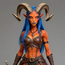 illustrated portrait of skinny prominently ram-horned woman with orange skin and blue hair wearing leather armor, hyper detailed, photorealistic