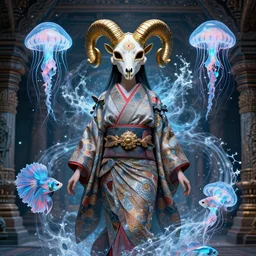 3 d goddess frontal view full body, astral projection, with ram golden skull. beautiful intricately detailed japanese fractal kitsune mask and clasical japanese kimono. betta fish, jellyfish fractal, bio luminescent, plasma, ice, water, wind, creature, indian temple, mandelbulb, fractal, artwork by tooth wu and wlop and beeple and greg rutkowski