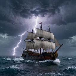 a thunderstorm in the sea, a pirate ship sailing in the middle, dramatic waves, photorealistic render, octane, vray, blender