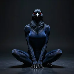 character concept portrait, symmetrical, black canary, sitting down with legs together, dark blue leotard costume, bust, curvaceous, medium shot. detailed, high quality, dark dynamic lighting, high contrast with dark background, fantasy, reflective, spotlight. digital artwork by artgerm and wlop and alex ross and greg rutkowski and alphonse mucha, trending on artstation