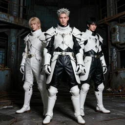 beautiful ulzzang with white majestic ornate medieval tactical gear, black leather garment, full shot fashion photography, dark abandoned cyberpunk factory, by irving penn and storm thorgerson, ren heng, peter elson,