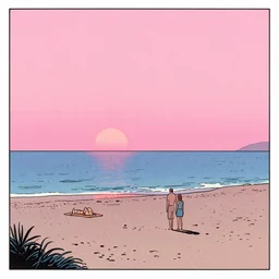 vintage graphic novel illustration of a dreamy beach scene on a hot summer evening, by carel willink and gregory crewdson, pink sunset, simon stalenhag