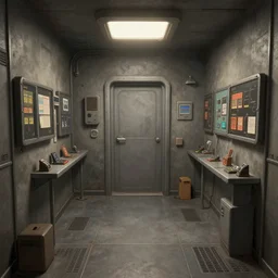 A beautiful artwork illustration, detailed, level design, third person, an escape room in a small, cramped, futuristic room, realistic, featured on Flickr, wide angle, horizontal orientation