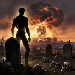 backlight on graveyard with skulls on the ground ,backlight on silhouette of a muscular skeleton watching nuclear explosion in far background, sunset cloudy panorama by frank frazetta
