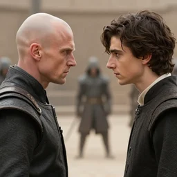 Establishing shot of a duel between bald ominous brooding Austin Butler as Feyd-Rautha Harkonnen against Timothee Chalamet as Paul Atreides, in an arena, clear gaze, detailed eyes