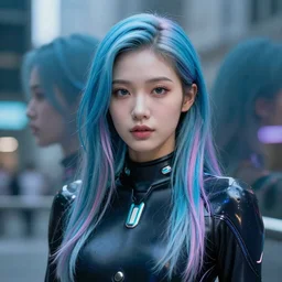 full portrait of a beautiful female human with thin lustrous vibrant electric Cyberpunk hair wearing a bodysuit posing in a city, reflections, focus, detailed, realistic eyes, symmetric features proportions, intricate facial skin details, award winning, trending in cgsociety artstation deviant art, octane render, by Ross Tran