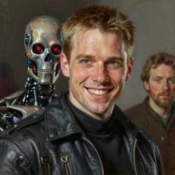 realistic portrait beautiful painting from scene in the terminator movie, when robot turned into smiling johnny. horror, created by thomas kinkade and gustave courbet, fine draw, high detailed, fine lighting, smooth draw, no anomaly.