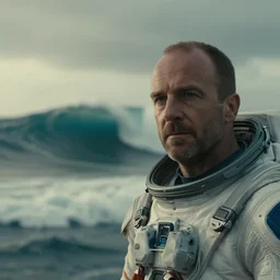 on ocean , bokeh !!cinematic close up shot of saul goodman wearing the spacesuit in scene from the movie interstellar ,shady dull weather, panorama,natural dull colours, anamorphic, epic cinematic,  DOF,exteremely giant ocean wave in background , escape,dramatic
