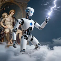 modern mechanical robot in the clouds is casting beautiful lightning from fingers, classical religious painting, michelangelo, concept art, fritz lang