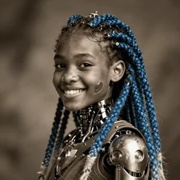 futuristic himba young woman smiling, glowing mechanical eye, robotic limb, blue tentacle dreadlocks, realistic sci - fi concept art, dramatic lighting, intricate, depth of field, sepia