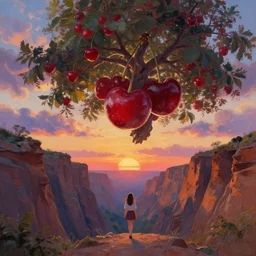 giant cherry tree floating overhead, girl walking in a canyon, surreal photography, sunrise, dramatic light, impressionist painting, colorful clouds, digital painting, artstation, simon stalenhag