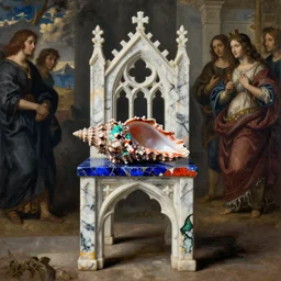 gothic marble chair with conch. lapis lazuli, malachite, cinnabar, turquoise, earth brown. painting by karl blossfeldt, agnes pelton, piero della francesca