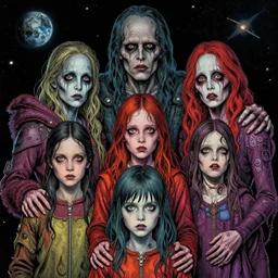 detailed image of a creepy family in the deep space by richard corben, rich deep colors. masterpiece . intricate artwork, cinematic, hyper realism, high detail,  unreal engine, 8k, Smooth gradients, High contrast, depth of field, Vibrant colors, very coherent symmetrical artwork. clean ink detailed line drawing, intricate detail, extremely detailed.