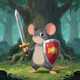 mouse guard - mouse boy with sword and shield, male, tall root tree background, concept art, by greg rutkovski