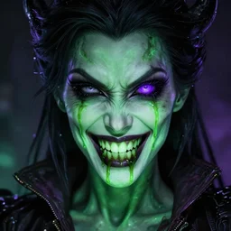 a portrait photo of a poison themed female villain, glowing green, poison dripping, poison teeth, detailed character design, symmetrical face, purple highlights, one purple eye, realistic eyes