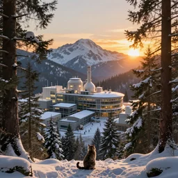 large research complex over treetops, portrait of a snowy forest with a small cat sitting on the forest floor, low arias view, golden hour, sunset over mountains