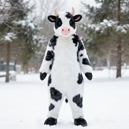 a cow fursuit cosplay costume in the snow