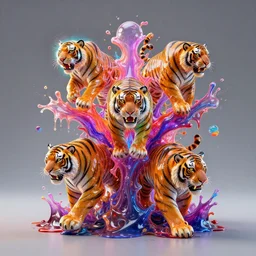 jelly rococo gel tigers bursting plasma and colorful auras, liquid, drippy, splashing, scifi 3 d paint spray by beeple, rob gonsalves, jeff koons, jacek yerka, m. c. escher