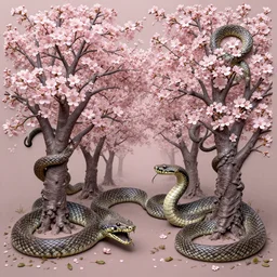 matte painting of cherry blossoms in the trees entwining with venomous snakes