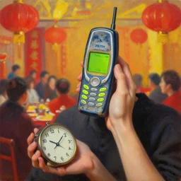 a highly realistic oil painting of a person having her head replaced with a old nokia cellphone while she holds a analog clock in her hands. in the background you can see a chinese new year party going on with red and yellow but that's the background. her head nokia is painted with bright neon colors and with a old dirty sable hair brush